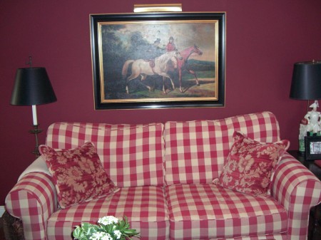 Karen B. red check sofa