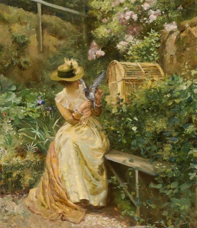 painting depicting woman with bird cage